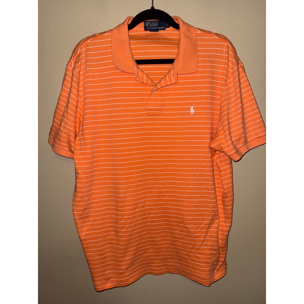 Polo Ralph Lauren Mens Large Orange White Striped Short Sleeve Pique Polo Shirt